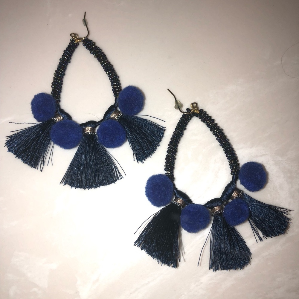 Anthropologie blue Pom & fringe statement earring